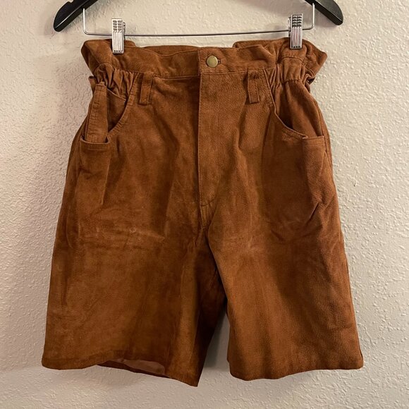 Vintage Brown Suede Leather Paper Bag Shorts High Rise | Size L/XL - Picture 3 of 13